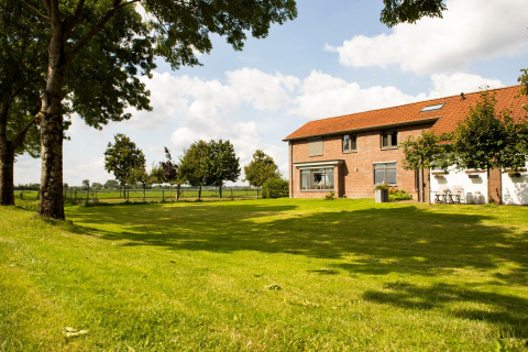 Large grassy lawn and trees surrounding a house at Feather Down Hoeve de Betuwe holiday park in Gelderland.