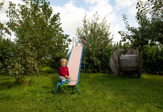 Niño sentado en un tobogán en el jardín verde del parque vacacional Feather Down Hoeve de Betuwe en Gelderland.