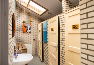 Salle de bain lumineuse avec murs en briques, vasque, puits de lumière et portes chez Feather Down Hoeve de Betuwe.