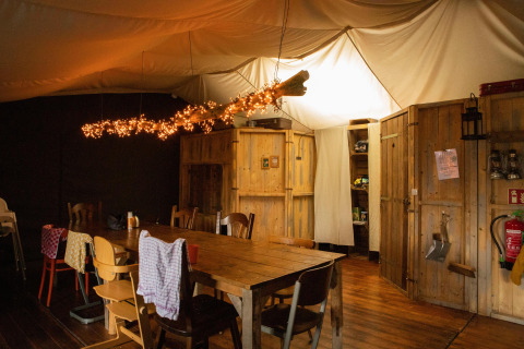 Coin repas chaleureux en cabane boisée avec guirlandes au Feather Down Hoeve de Betuwe, Gelderland.
