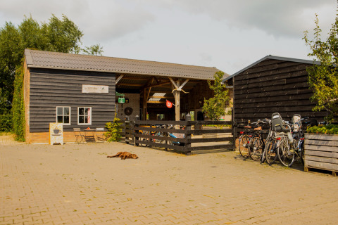 Eingang zum Ferienpark Hoeve de Betuwe mit Fahrrädern, Holzgebäuden und Hund, Gelderland, Niederlande.