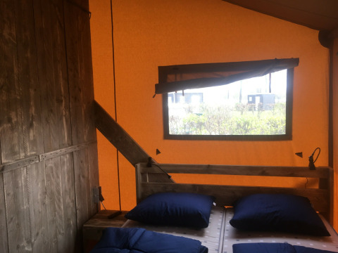 Vista interior de Safari tent de luxe en Camping 't Veld, Países Bajos, con camas y una ventana.
