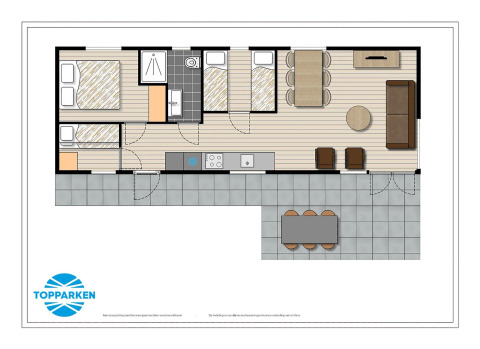 Plattegrond van het Rialto Wellness (Spa) verblijf in Recreatiepark Beekbergen, Nederland, met terrasruimte.