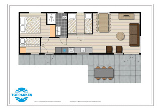 Plattegrond van het Rialto Wellness (Spa) verblijf in Recreatiepark Beekbergen, Nederland, met terrasruimte.