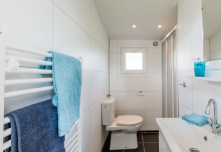 Moderne badkamer met witte tegels, douche, toilet en blauwe handdoeken bij Rialto Wellness Spa, Beekbergen.