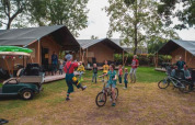 Børn leger foran safaritelt på Camping 't Veld i Holland med voksne i baggrunden og cykler parkeret.