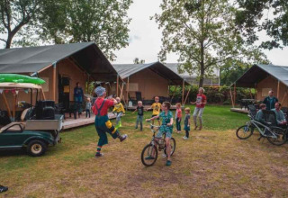 Niños juegan frente a tiendas safari en Camping 't Veld, Países Bajos, mientras adultos los observan.