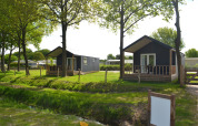 To moderne strandhytter på Camping 't Veld i Holland, omgivet af grønne træer og græsplæner.