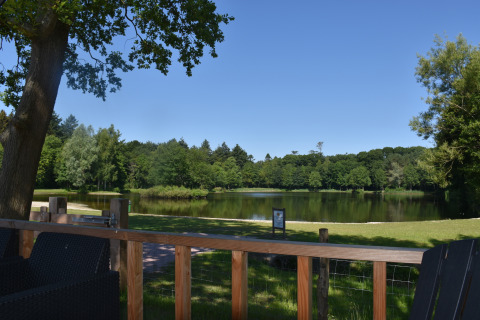 Udsigt fra Beach house-lodgen ved Camping 't Veld i Holland med sø, grønne træer og blå himmel.