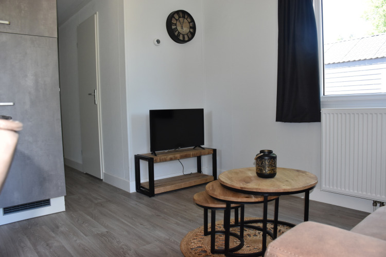 Sala de estar en Beach house lodge, Camping 't Veld, Países Bajos, con mesas de madera y decoración moderna.