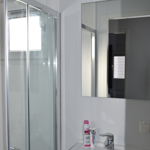 Badkamer met douche, spiegel en wastafel in Beach house bij Camping 't Veld, Nederland, daglicht.