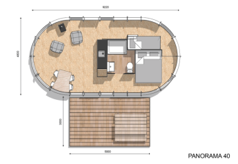 Plantegning af Riverdome tiny house med badeværelse og spabad i Holiday Park Mölke, Holland.