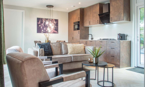 Sala moderna de lodge con cocina abierta, muebles elegantes y arte en Veluwehoeve Wellness (Hottub)