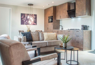 Sala moderna de lodge con cocina abierta, muebles elegantes y arte en Veluwehoeve Wellness (Hottub)