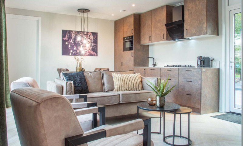 Sala moderna de lodge con cocina abierta, muebles elegantes y arte en Veluwehoeve Wellness (Hottub)