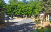 Buitenfoto van Family Cottage bij De Thijmse Berg in Nederland, omgeven door bomen en een speeltuin.