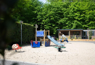 Área de juegos infantiles con tobogán frente a Family Cottage en De Thijmse Berg, Países Bajos.