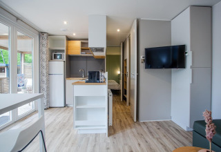 Cabaña familiar moderna en De Thijmse Berg, Países Bajos con cocina, sala de estar y dormitorio visible.