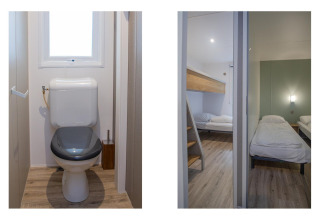Dos fotos del Family Cottage en De Thijmse Berg, Países Bajos, muestran un baño y un dormitorio con camas.