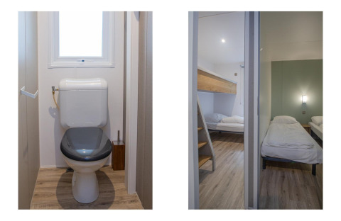 Deux photos du Family Cottage à De Thijmse Berg aux Pays-Bas, montrant des toilettes et une chambre à coucher.