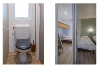 Twee foto’s van de Family Cottage op De Thijmse Berg in Nederland tonen het toilet en een slaapkamer.