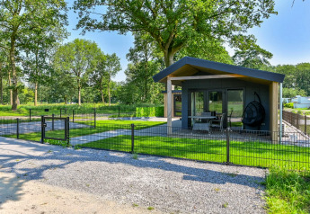 Luxus-Lodge, rollstuhlgerecht, bei Drentse Weelde in den Niederlanden, umgeben von Bäumen und Natur.