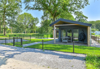 Luxus-Lodge, rollstuhlgerecht, bei Drentse Weelde in den Niederlanden, umgeben von Bäumen und Natur.