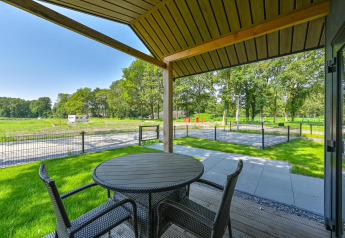 Udsigt fra terrassen på Luxury lodge - kørestolsvenlig ved Drentse Weelde, Holland, med grøn udsigt.