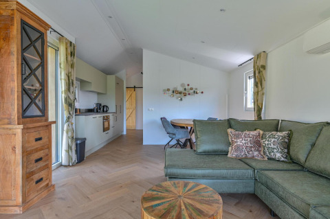 Luxe rolstoeltoegankelijke lodge in Drentse Weelde, Nederland, met grote groene zetel en open keuken.