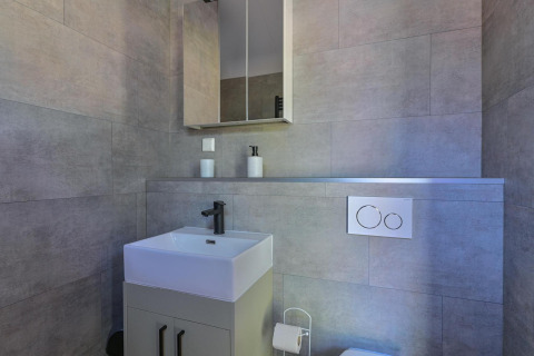 Bagno moderno con piastrelle grigie, lavabo, specchiera e servizi igienici accessibili in sedia a rotelle.