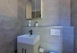 Baño moderno con azulejos grises, lavabo, armario con espejo y aseo accesible para sillas de ruedas.