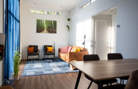 Wohnzimmer in der Nature Lodge auf De Thijmse Berg, Niederlande, mit moderner Einrichtung und blauen Vorhängen.