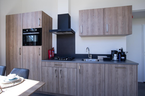 Cucina moderna presso Nature Lodge a De Thijmse Berg, Paesi Bassi, con mobili in legno e elettrodomestici.