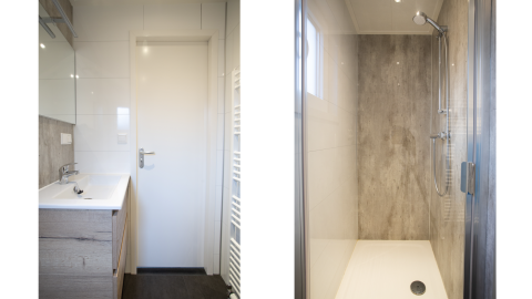 Modernes Badezimmer mit Waschbecken, Spiegel und Dusche in der Nature Lodge bei De Thijmse Berg, Niederlande.