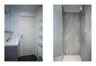 Bagno moderno presso Nature Lodge, De Thijmse Berg, Paesi Bassi, con lavabo, porta e ampia doccia.