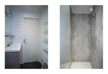 Salle de bain moderne à Nature Lodge, De Thijmse Berg, Pays-Bas, avec lavabo, porte et grande douche.