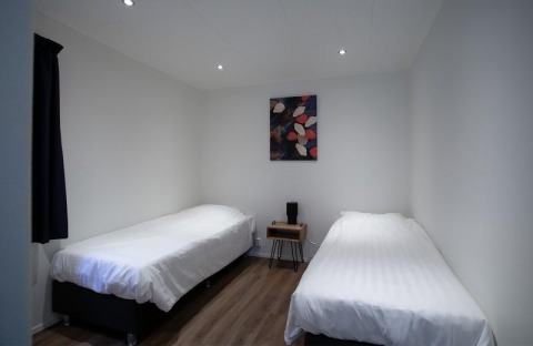 Dos camas individuales con ropa de cama blanca y arte abstracto en la pared en Nature Lodge en De Thijmse Berg.