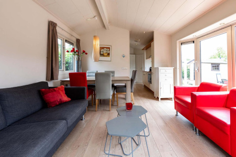 Woonkamer in een vakantiehuis bij EuroParcs Noordwijkse Duinen met moderne meubels en grote ramen.