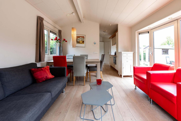 Sala de estar en una casa de vacaciones en EuroParcs Noordwijkse Duinen con muebles modernos y ventanales.