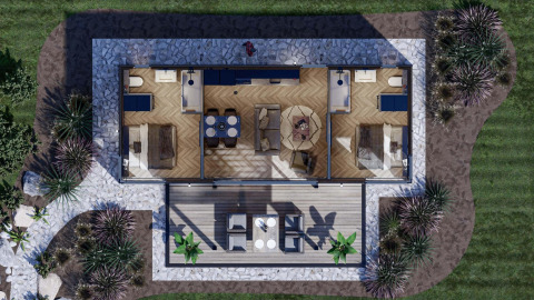 Vista aérea de un alojamiento glamping con dos dormitorios, zona común y amplia terraza exterior.