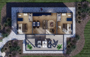 Luchtfoto van een glamping accommodatie met twee slaapkamers, centrale woonkamer en buitenterras.