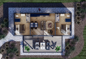 Vista aérea de un alojamiento glamping con dos dormitorios, zona común y amplia terraza exterior.