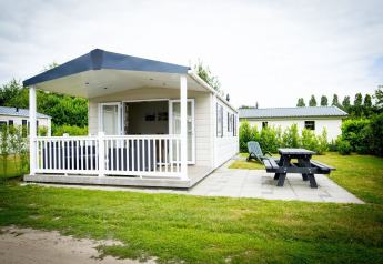 Tiny house Forest Lodge au Holiday Park Duinhoeve aux Pays-Bas, avec véranda, banc et verdure.