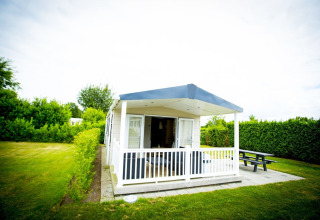 Lille hus med overdækket veranda og bænk, Forest Lodge i Holiday Park Duinhoeve, Nederlandene, omgivet af grønt.