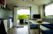 Interior view of Delta Lodge at Holiday Park Duinhoeve, Netherlands, overlooking deck and greenery outside.