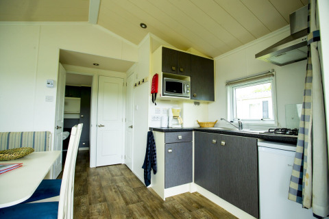 Lyst og moderne køkkenområde i Delta Lodge på Holiday Park Duinhoeve, Holland, med spiseplads og apparater.
