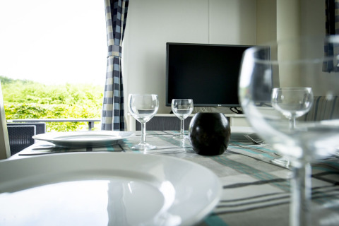 Spisebord med tallerkener og glas, tv i baggrunden, udsigt mod grønt område i Delta Lodge i Holland.