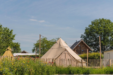 Tipi-Zelt Happy Harbor mit Bad im Holiday Park Mölke in den Niederlanden, umgeben von Natur und Blumen.