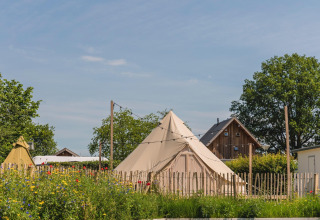 Happy harbor tipi-tent met privébadkamer bij Holiday Park Mölke in Nederland, omringd door bloemen.