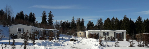 Cabañas nevadas en Chalet Brilon, Camping & Ferienpark Brilon, Alemania, rodeadas de bosque invernal.